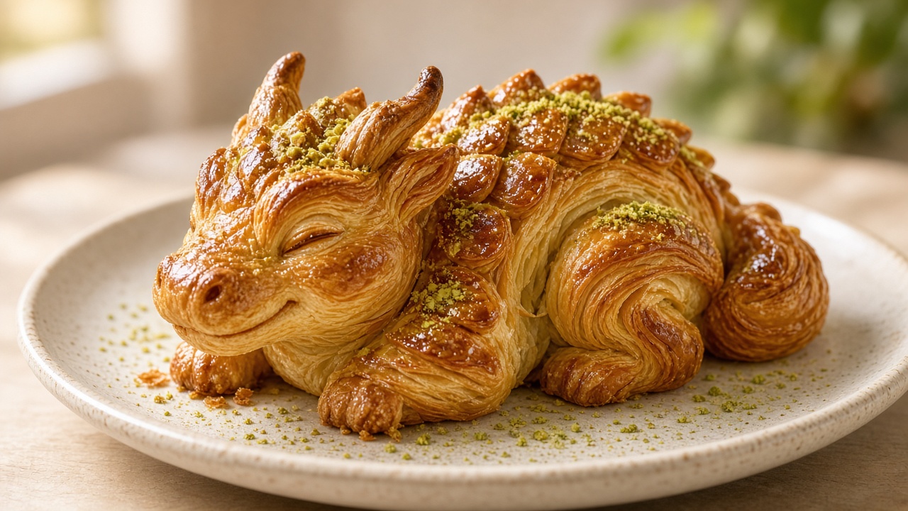 Drageungen – lamineret pastry med pistacie-støv